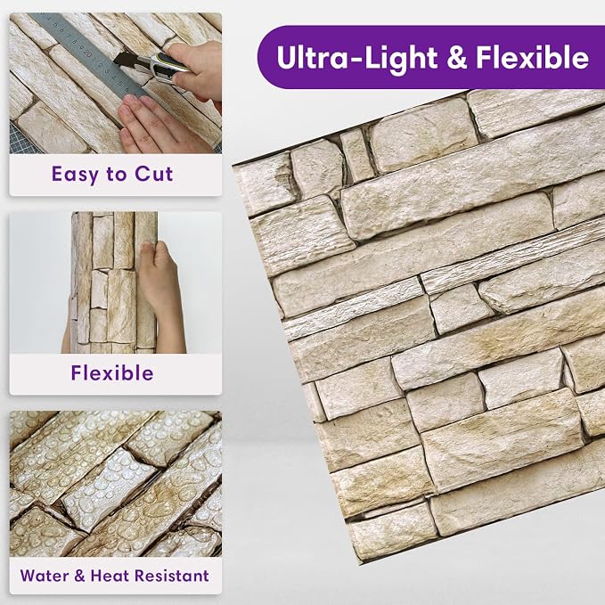 3D Faux Stone Wall Panels Peel and Stick, Designed for Quick DIY | Beige, 10 Pcs 11.8" x 11.8", Stone-Look, Ultra-Light PVC Fake Stone Wall Covering Tiles for Wall Renovation, Cover 9.7 sq ft - Image 5