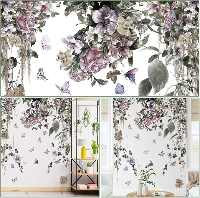 LiveGallery Purple Petunia Wall Decals Peony Flowers Stickers DIY Vinyl Peel and Stick Dark Style Art Murals for Girls Bedroom Living Room TV Sofa Backdrop Office Bathroom Wall Home - Image 3