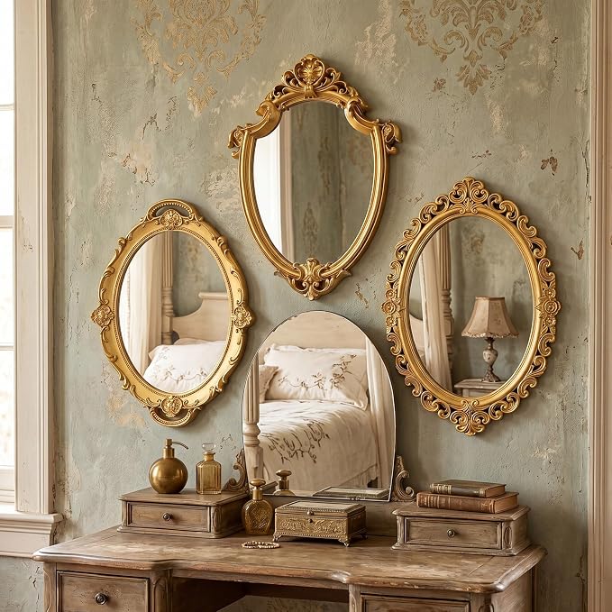 Beeveer 3 Style Vintage Mirrors Set Decorative Oval Wall Mirror Small Antique Mirrored Tray Decorative Hanging Mirror for Bathroom Bedroom Jewelry Organizer Victorian Decor (Shield,Gold) - Image 6