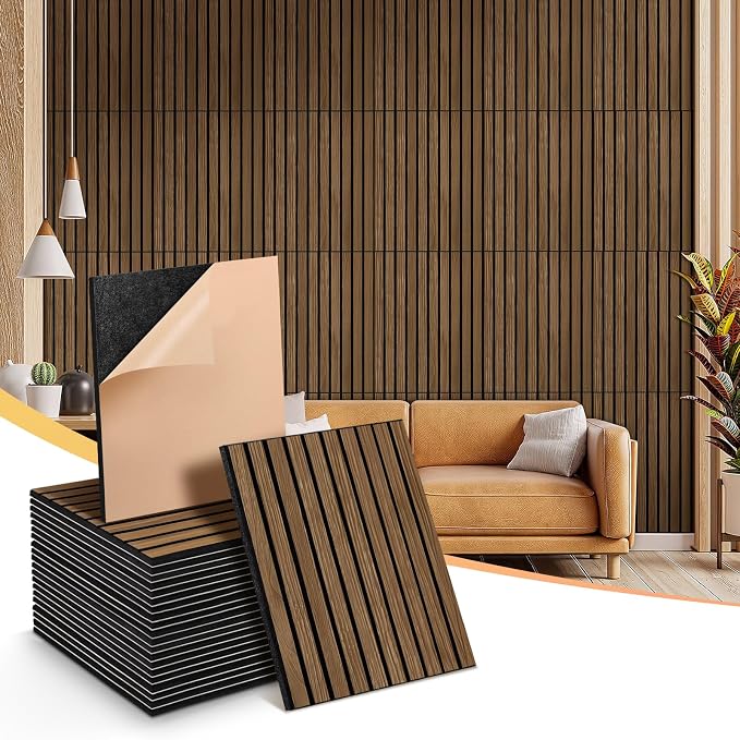 16" x 12" Acoustic Panels 24 Pack, Self-Adhesive 3D Wall Tile Walnut | Polyester Panels for Sound Absorption, Covers 32 Sq Ft, Odor-free, Harmless to Breathe & Touch, Reduce Noise and Echo, Walnut by laapee