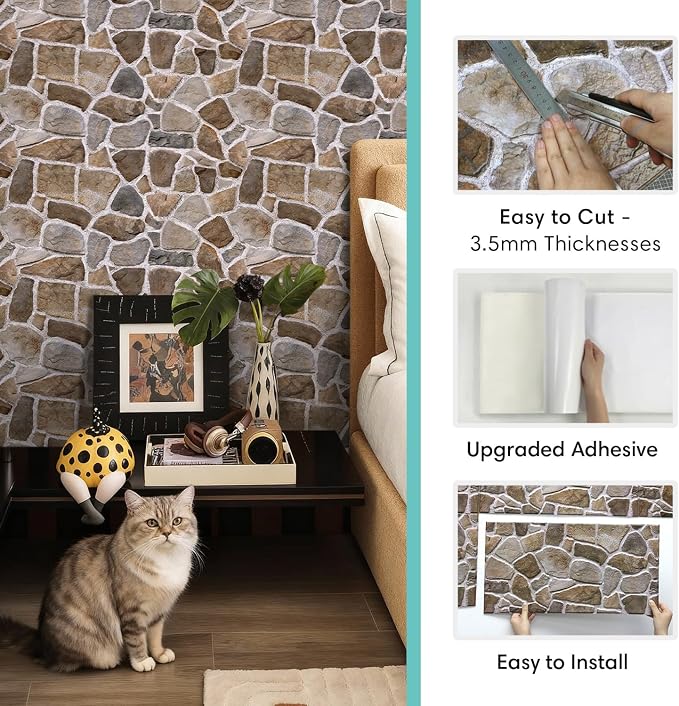 Commomy Faux Stone Peel and Stick 3D Wall Panels 10 Pcs 11.8" x 11.8" | Ultralight Thin PVC Printable Faux Rock Wall Covering Decorative Tiles for Living Room,Fireplace(Covers 22.8 sq.ft) - Image 4