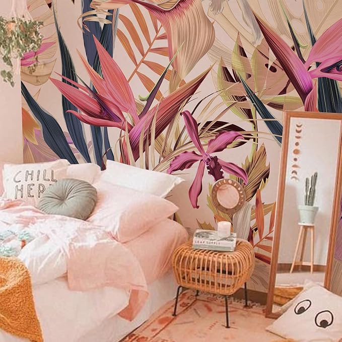 Floral Peel and Stick Wall Mural, Leather Textured Vintage Self-Adhesive Wallpaper for Bedroom Living Room Background Wall Art Decor, Bird of Paradise, Pink 92''x125'' by Flortlias
