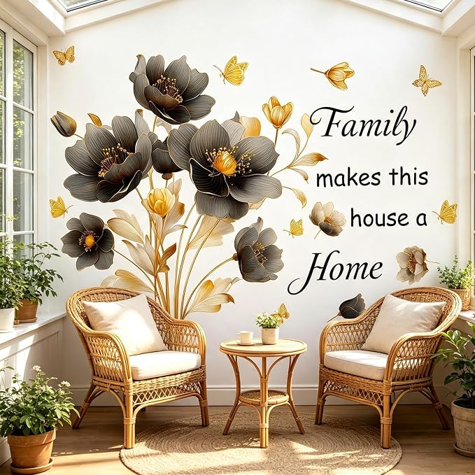 Floral Flower Family Quotes Butterflies Peel and Stick Wall Decor Decals | Elegant gold flower removable vinyl wall stickers mural with "Family makes this house a home" quote for living room bedroom - Image 4