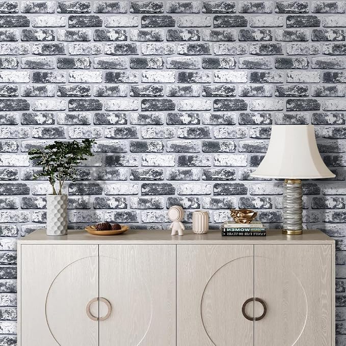 Commomy Faux Brick Panels Peel and Stick Wall Stickers 10 Pcs 11.8" x 11.8" | Small Size Thin PVC Wash Grey Fake 3D Brick Wallpaper for Kitchen,Fireplace,Home Office,Wall Covering Decor(Covers 9.7 sq.ft) - Image 7