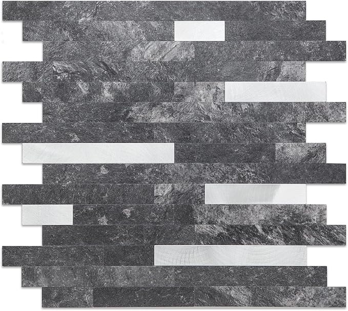 Yipscazo 20 Sheets Peel and Stick Stone Metal Tile Backsplash, Stick on Tiles for Backsplash Kitchen, Bathroom, Laundry Room, Camper, Fireplace (12'' X 12'', Dark Black) by Yipscazo