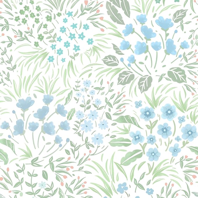 SOON AFTER Blue Boho Neutral Floral Peel and Stick Wallpaper, 17.3" x 118" Removable & Waterproof Vinyl Wallpaper, Flower Self-Adhesive Contact Paper for Nursery Bedroom Cabinets by SOONAFTER
