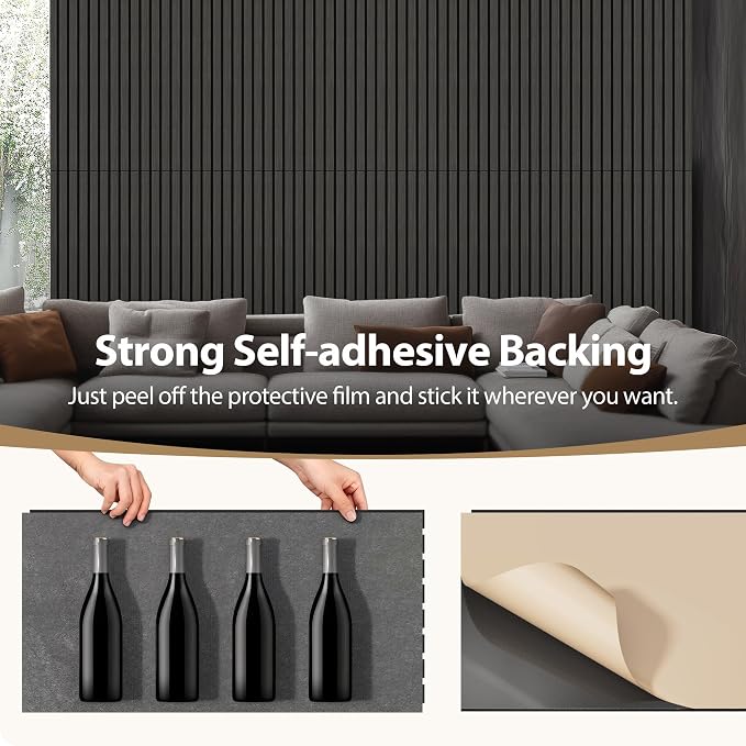INMOZATA 8 Pack Peel and Stick Acoustic Wood Slat Wall Panels Matte Black | 3D Fluted Textured, Soundproof Accent Wall Paneling for Interior Wall Decor Fireplace Living Room Bedroom Office, 11.8"x23.6" - Image 5