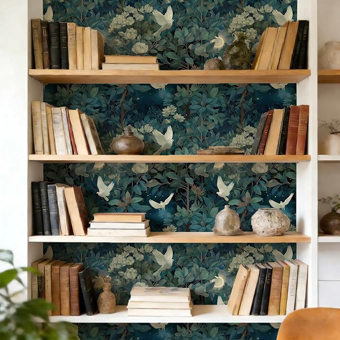 Vintage Night Dove Floral Botanical Peel and Stick Wallpaper | Deep teal moonlit forest dove and blossom print, Removable waterproof vinyl wall covering, bedroom accent wall decor - Image 6