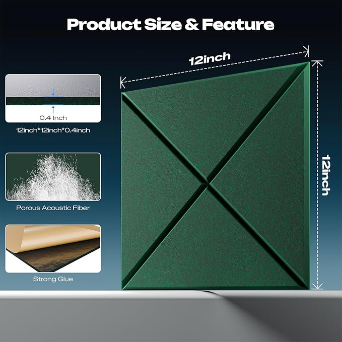 Sonicism 22 Pack X-Lined Acoustic Panels with Self-Adhesive, 12"X 12"X 0.4" Sound Proof Foam Panels, Decorative Soundproof Wall Panels, Sound Absorbing Tile for Home & Offices, Dark Green - Image 2