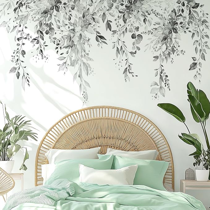 Gray Plants Leaves Wall Decals Peel and Stick, Large Floral Flowers Vinyl Wall Stickers, Removable Vine Home Decor Art for Bedroom Living Room Classroom Office - Image 4