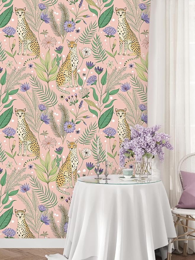 Floralplus Pink Leopard Wallpaper Floral Peel and Stick Wallpaper | Renter Friendly Removable Jungle Animal Wallpapers for Bedroom Stick On Floral Contact Paper for Nursery 17.5 x 118 in - Image 4