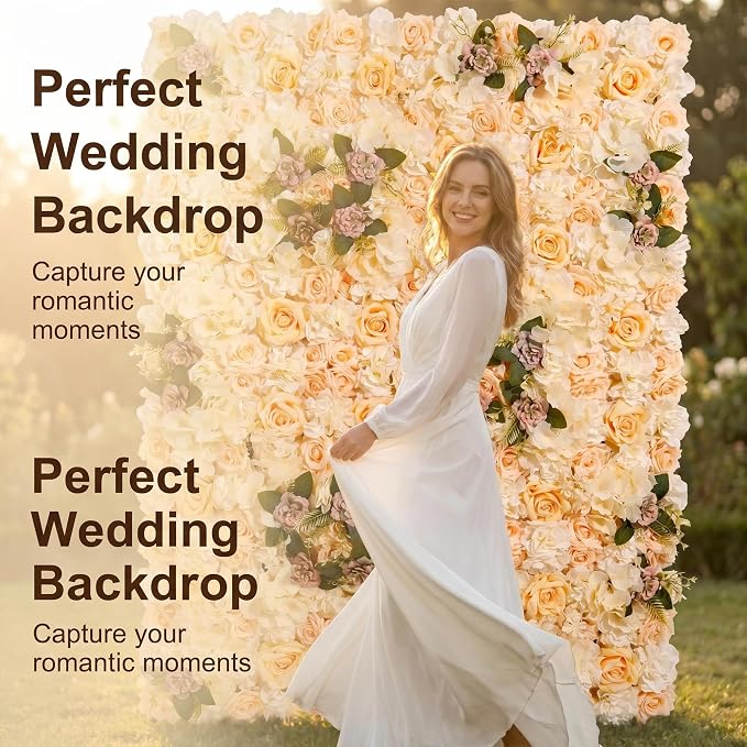 Flower Wall Backdrop, 12 Panels, 16.5x16.5 Inch, Champagne Rose | 3D design, realistic look, Seamless Design,eco-friendly,easy to assemble,reusable,.Suitable for weddings,Party,home décor - Image 6