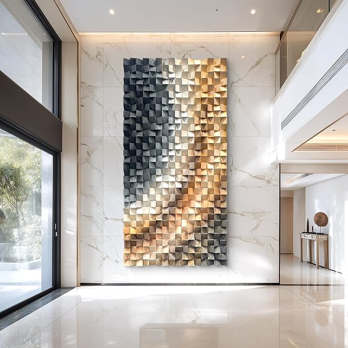 LIUZEYUE Colorful Wood Block Wall Art, Mirrored Color-Flow Mosaic | large colorful wood block wall art; navy and warm gold, tonal gradient; executive office compact wall feature; 23.6 x 47.2 in - Image 8