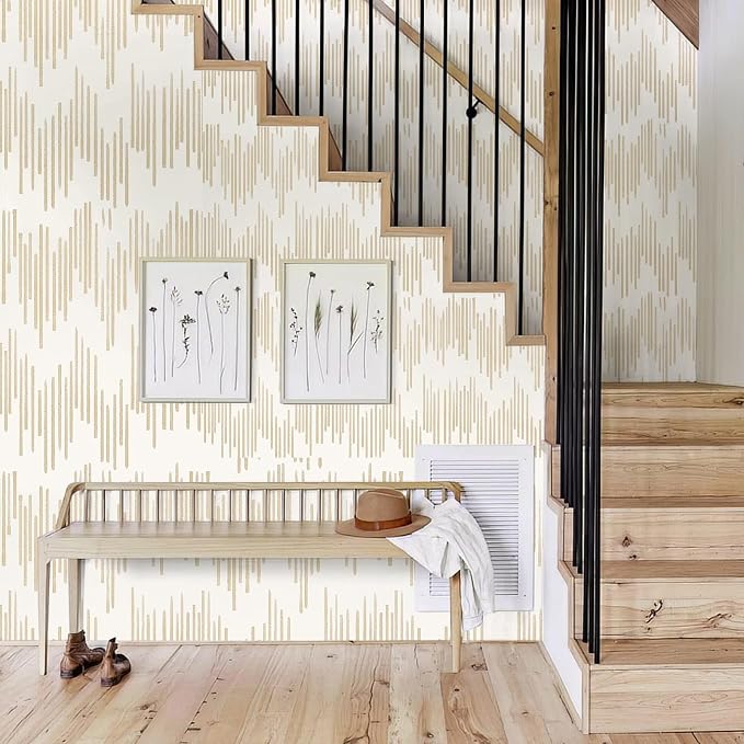 WENMER Beige Striped Wallpaper, Geometric Peel and Stick Wallpaper, 17.7''×118'' Gold Contact Paper, Beige Self Adhesive Removable Wall Paper for Bathroom Cabinets Kitchen - Image 4