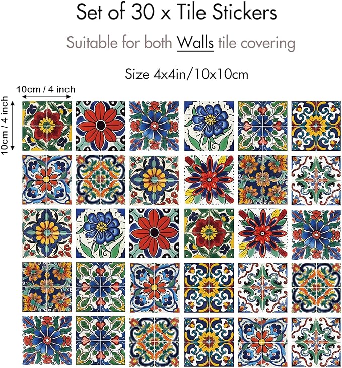 30 Pcs Mediterranean Style Peel and Stick Wall Tile Decals - Waterproof Vinyl Stickers for Kitchen Backsplash, Bathroom, Stair Riser Decor - Spanish Floral Pattern - 4x4 Inch - Image 2