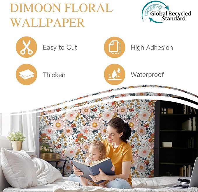 Dimoon Floral Wallpaper Peel and Stick Wallpaper Boho Retro Contact Paper 17.3''x197'' White Bohemian Vintage Removable Wall Paper Renter Friendly Waterproof Wall Mural Bedroom Bathroom Vinyl - Image 3