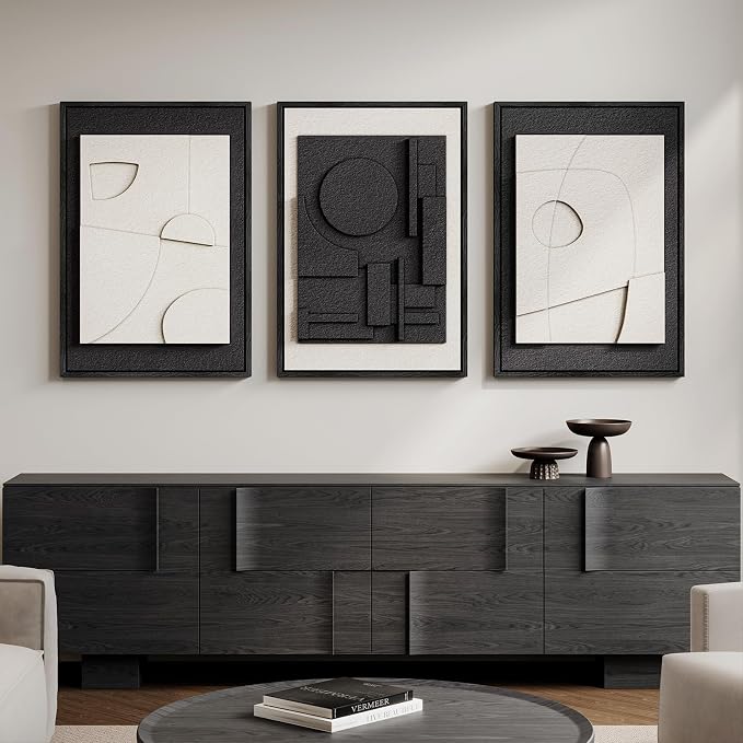 Large Framed Black and White Modern 3D Abstract Wall Art Set | Solid wood frame, Textured paintings, 3 piece 20x30 big artwork for walls, Pictures wall decor for living room bedroom office - Image 5