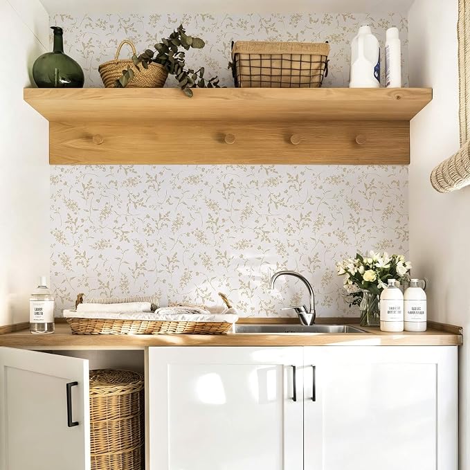 Ismoon Floral Wallpaper Peel and Stick Beige Neutral Contact Paper Wildflowers Leaf Stick on Wall Paper Textured Removable Self Adhesive Vinyl Wallpaper for Bedroom Bahtroom Wall Decor 17.3x196in - Image 2