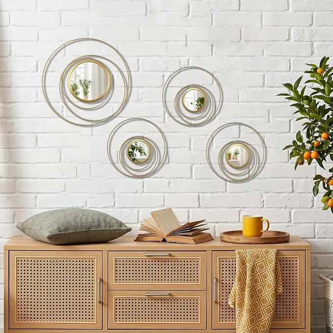 4 Piece Gold Round Wall Mirror Set Modern Metal Circles for Home Decor - Image 3