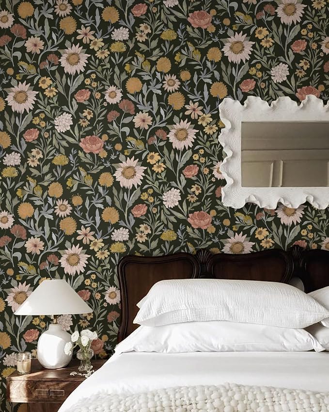 Dimoon Vintage Peel and Stick Wallpaper Boho Dark Floral Contact Paper 17.3''x394'' Retro Rustic Pink Removable Wall Paper Renter Friendly Texture Black Wallpaper for Bedroom Bathroom Cabinets Vinyl - Image 7