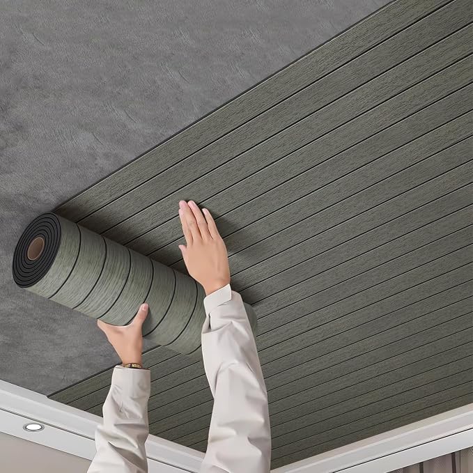 Chejiaye Peel and Stick 3D Wall Panel -15.75"x118"Soundproof Self-Adhesive Wall Sticker, Removable Thick PVC Slat Contact Paper for Kitchen Bedroom,Ceiling Wall Decoration Wood Grain (Dark Grey) - Image 9