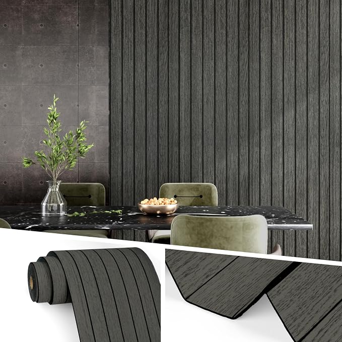 Wallercity Black/Gray Wood Slat 3D Wall Panels Waterproof Soundproof Planks | Flexible Wood Panel Self Adhesive Foam Slat Acoustic Panels for Walls Ceilings Vinyl Peel and Stick Wooden Panels 23.6x197 IN by Wallercity