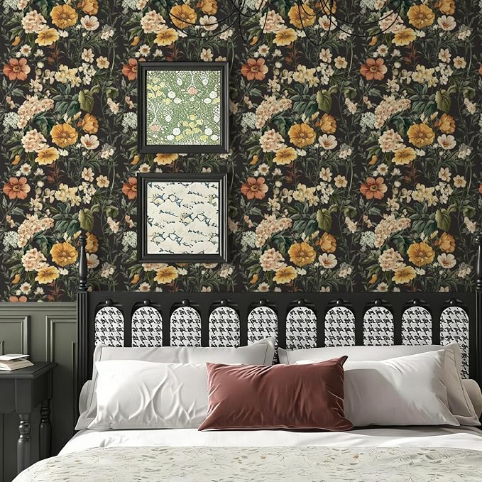 Livebor Black Floral Peel and Stick Wallpaper Flower Wallpaper16.9 x118.1 | Vintage Floral Contact Paper Boho Self Adhesive Botanical Wall Paper for Kitchen Waterproof Cabinets Decorative Vinyl - Image 2