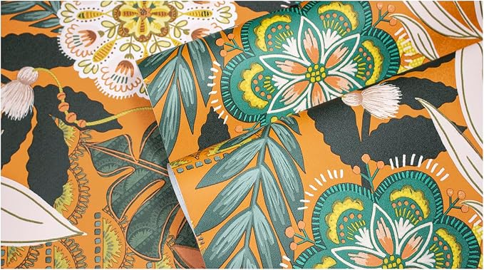 HAOKHOME Orange Wallpaper Peel and Stick Tropical Boho Floral for Bathroom | Textured Removable Waterproof Renter Friendly Wall Paper Vintage Terracotta Pink Green Botanical Bedroom 17.3in x 9.8ft - Image 9