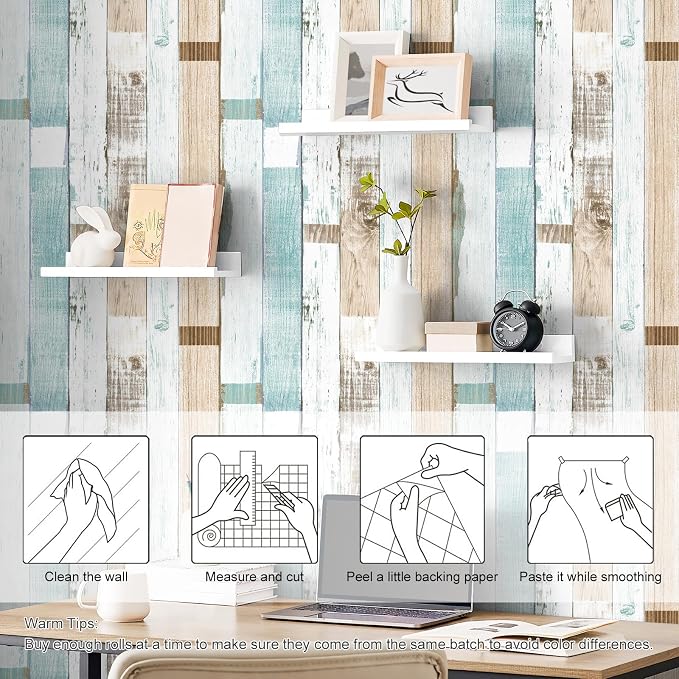 Yun-aeon Natural Wood-Light Blue Contact Paper Peel and Stick Wallpaper | 17.3"x 400"Self Adhesive Removable Vintage Faux Wood Wall Paper Plank Shelf Home Decoration Kitchen Counter Cover - Image 3