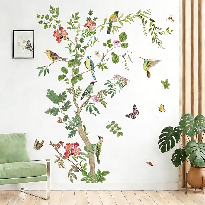 Large Green Tree Wall Decals Floral Tree Branch with Birds Peel and Stick Removable PVC Wall Stickers for Living Room Bedroom Nursery TV Background Home Art Decor - Image 3