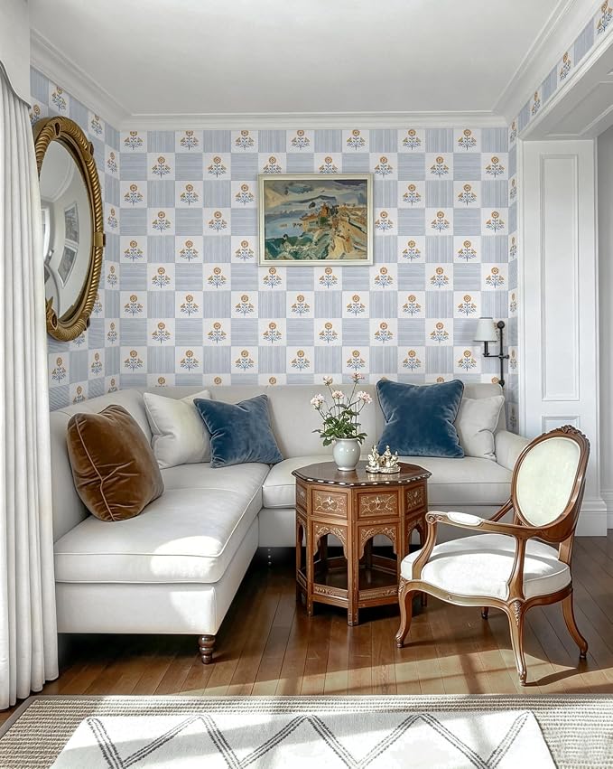 Guvana Blue Floral Peel and Stick Wallpaper Vintage Floral Wallpaper Boho Wall Paper Removable Modern Contact Paper Vinyl Self Adhesive for Bedroom Bathroom Kitchen Livingroom Covering 17.3" x 78.7" - Image 9