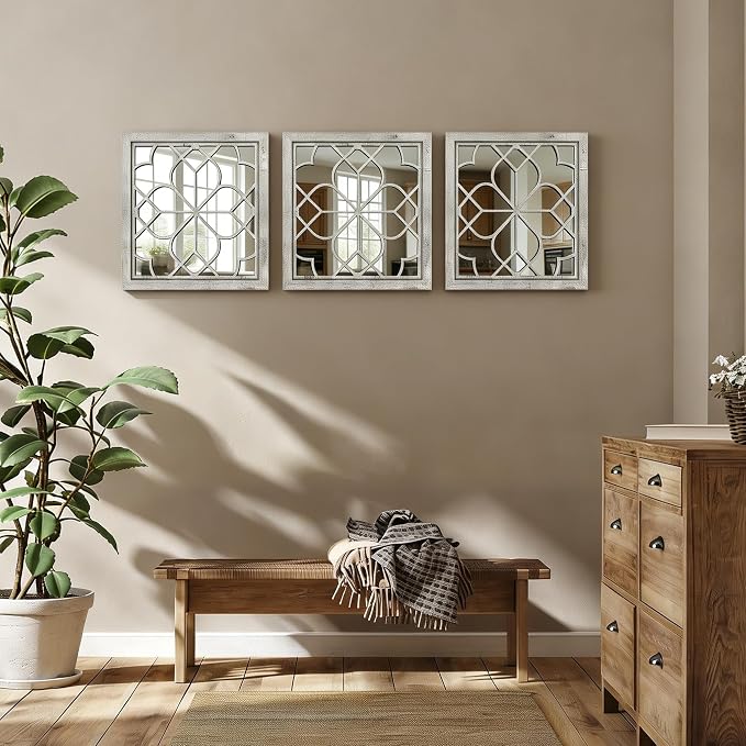 Set of 2 18 Inch Large Square Grey Window Pane Wall Mirrors, Shatterproof Rustic Farmhouse Boho Vintage Accent Mirrors for Living Room, Bedroom, Bathroom, Entryway & Home Decor - Image 7