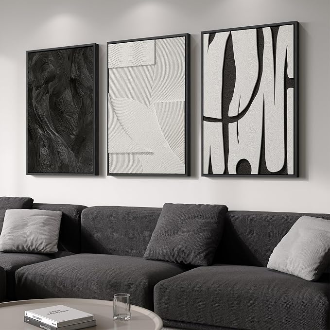 3D Large Framed Black and White Abstract Wall Art for Living Room, 3 Piece | Wood Frames, Sandstone Textured Paintings, Modern Sculptural Artwork for Walls, 24x36 In Pictures Wall Decor Bedroom Office by Cuspin