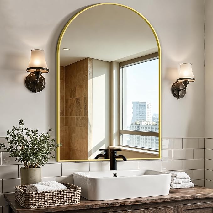 Arched Bathroom Vanity Mirror for Over Sink, 36”x24”, Gold by LawadaMirror
