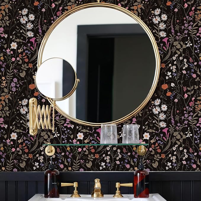 JiffDiff Floral Wallpaper Peel and Stick- 1181" x 17.3" Farm Wildwood Self Adhesive Wall Paper Daisy Flower Contact Paper Dark Floral Stick On Wallpaper - Image 6