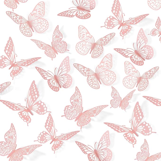 SAOROPEB 3D Butterfly Wall Decor 48 Pcs Pink Butterfly Decorations | 4 Styles 3 Sizes, Birthday Decorations Pink Room Decor Butterfly Party Decorations Cake Decorations, Removable Wall Stickers by SAOROPEB
