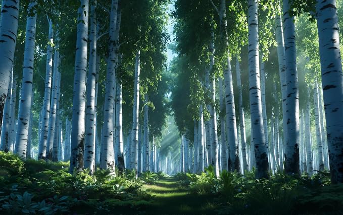 ASJ Forest Peel and Stick Wallpaper Mural, Birch Tree Fern Green | Seamless edge-to-edge match. Sunlight rays nature artwork, 98x62 in, premium fabric, living room bedroom decor. - Image 2
