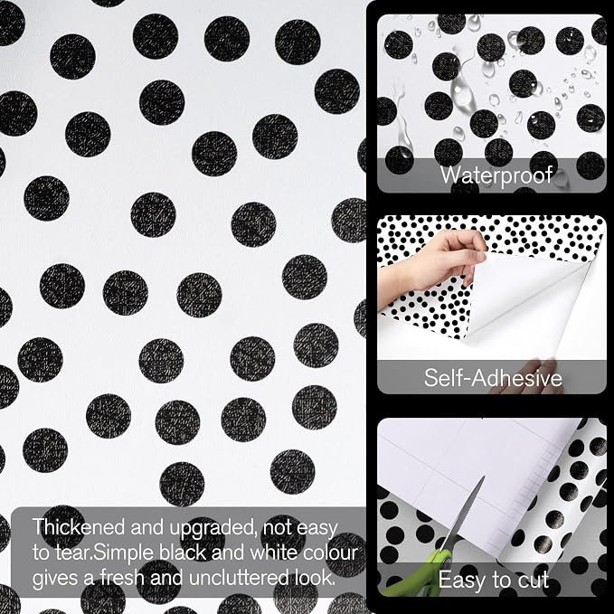 Black and White Polka-Dot Contact Paper Self-Adhesive Contact Paper Moire Dot Peel and Stick Wallpaper Decorative Spots for Walls Nurseryls A Set of 17.3"x1200" - Image 2