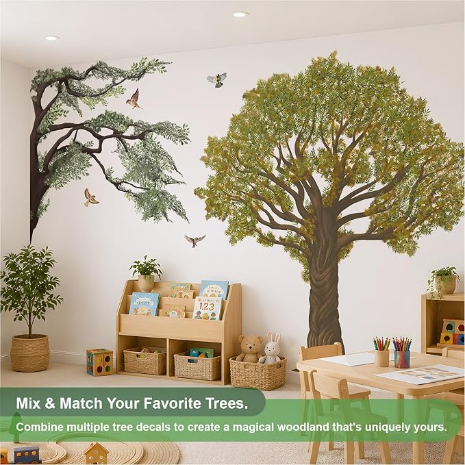 4.8 Ft x 4.6 Ft Oak Tree Wall Decals, Muted Vintage for Teen Room | Woodland Oak Tree Peel and Stick Mural, Bird on Branch, Calming Decor for Teen Study Room, Classroom and Reading Nook - Image 6