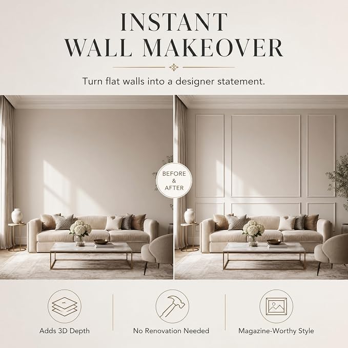 Pre-Cut Wall Molding Kit: Ready to Assemble Paintable Wainscoting Panels | Alternative to Peel-and-Stick Wall Panels,Accent Wall Interior Wall Decor for Living Room, Bedroom, Entryway White 24 PCS - Image 4