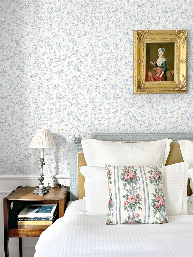 Peel and Stick Wallpaper for Nursery Blue Cherry Blossom Waterproof | 197"×17.3" Blue Floral Watercolor Wallpaper Gentle Accent Wall Decor with Grid Lines for Bedroom Vinyl Self-adhesive - Image 5