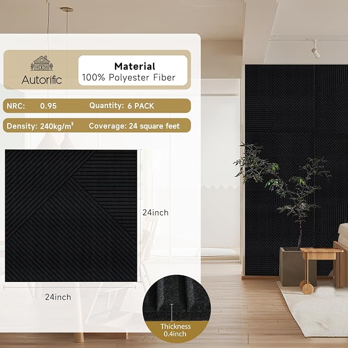 Acoustic Wall Panels,6 Pack,23.6"x23.6" Soundproof Panels,Black | Self-Adhesive Acoustic Panels,3D UV Printing with Wood Print,High-Density 100% Polyester,Decorative Sound Absorbing Wall Art - Image 2