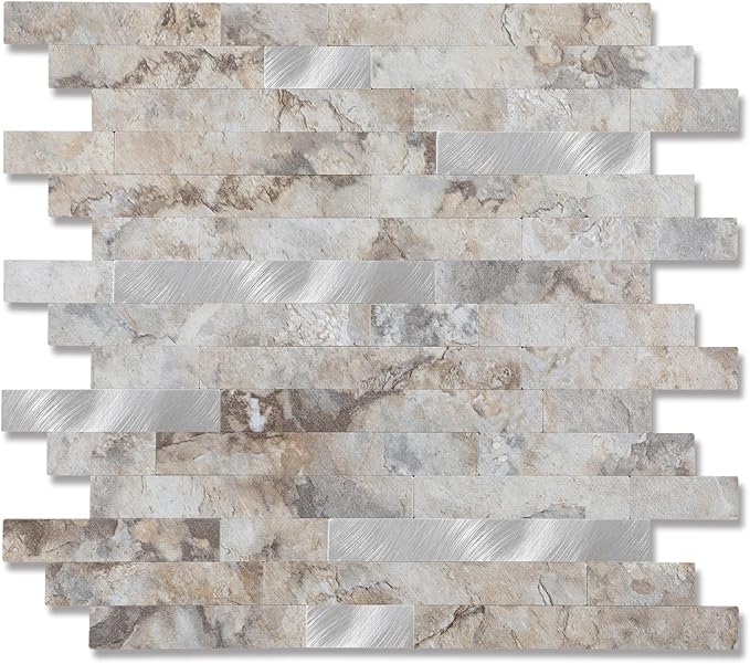 10 - Sheet Peel and Stick Backsplash Wall Tile, PVC Kitchen Backsplash, Stick on Tiles for Backsplash Kitchen (12'' X 12'', Perisa with Metal) by Yipscazo