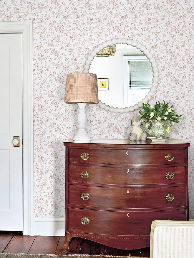 Peel and Stick Wallpaper for Nursery Pink Cherry Blossom Waterproof | 197"×17.3" Pink Floral Watercolor Wallpaper Gentle Accent Wall Decor with Grid Lines for Bedroom Vinyl Self-adhesive - Image 9