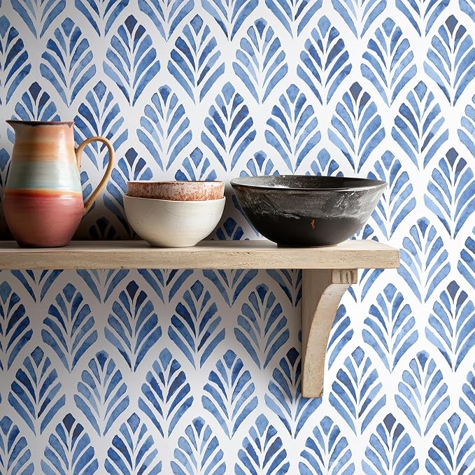 RUSPEPA Blue Leaf Peel and Stick Wallpaper, Watercolor Botanical Coastal Design, Self-Adhesive Waterproof Contact Paper for Accent Wall, Bedroom, Bathroom, Cabinet, Home Décor, 17.3 Inch x 6.5 Feet by RUSPEPA