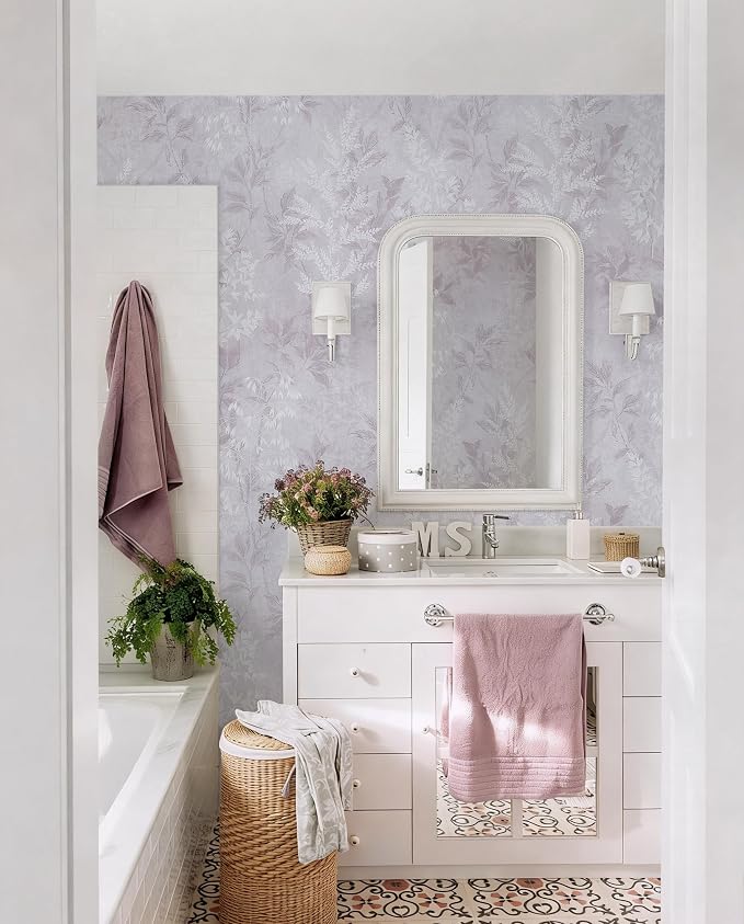 Safiyya Purple Peel and Stick Wallpaper Vintage Botanical Contact Paper Renter Friendly Floral Wallpaper 197''x17.3'' Removable Wall Paper Self-Adhesive for Bathroom Waterproof Vinyl Rolls - Image 5