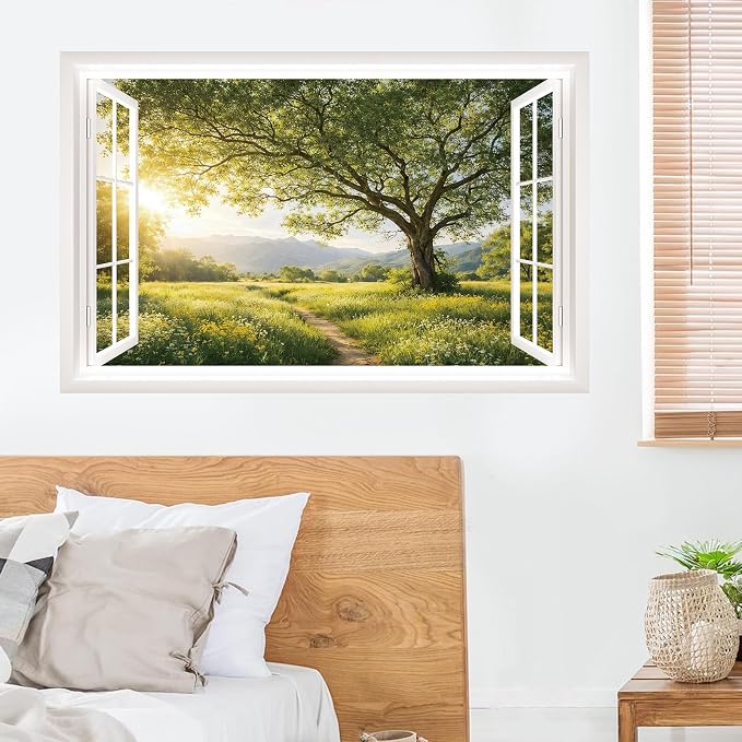 IARTTOP Fake Window Wall Mural Sticker 33"x20.4" Green Tree Sunrise Mountain Countryside Nature Scenery Wall Decal Window View Landscape Decals Decor for Bedroom Living Room Office - Image 4