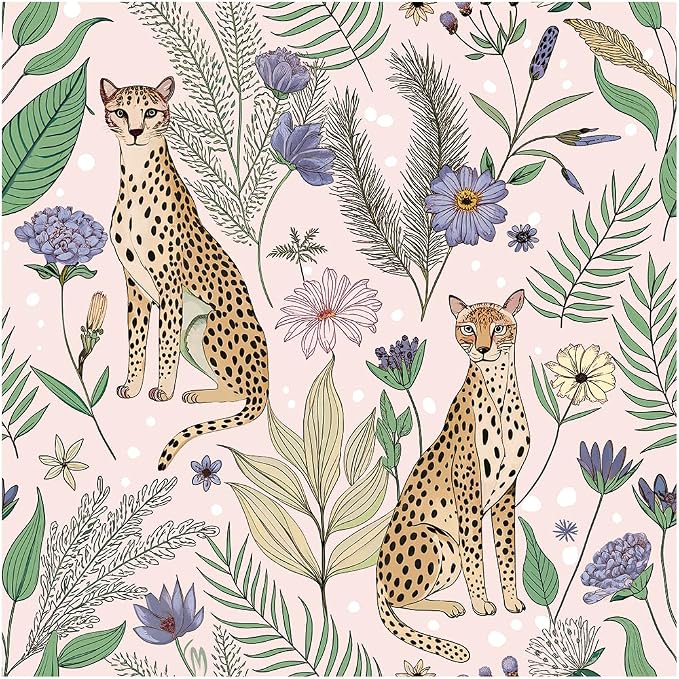 Floralplus Wallpaper Peel and Stick Vintage Pink Floral Wallpaper | Renter Friendly, Removable, Self Adhesive, Jungle Leopard Wallpaper, Textured Contact Paper for Nursery, 17.5 x 118 in by Floralplus