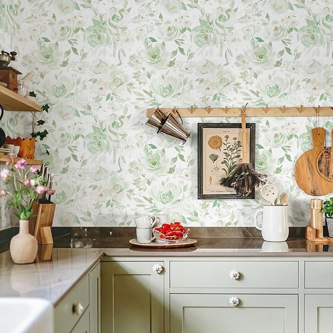 Ismoon Green Floral Peel Stick Wallpaper Boho Stick on Wallpaper | Watercolor Contact Paper for Cabinet Removable Self Adhesive Vinyl Wallpaper for Girl Bedroom Accent Wall Decor 17.3x196in - Image 2