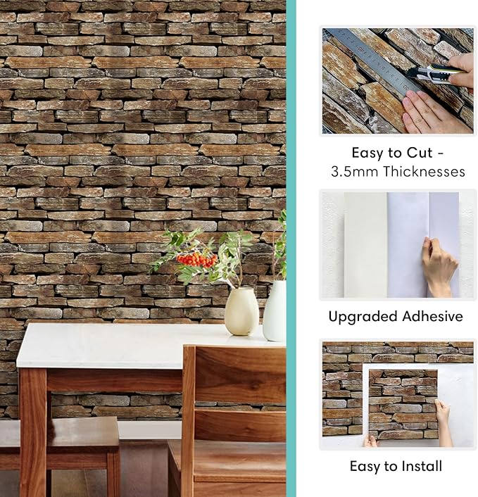 Commomy 3D Faux Stone Wall Panels Peel and Stick 10 Pcs 11.8" x 11.8" | Ultralight Thin PVC Fake Rock Wallpaper DIY Wall Covering Decorative Tiles for Kitchen Backsplash,Bedroom (Covers 9.7 sq.ft) - Image 5